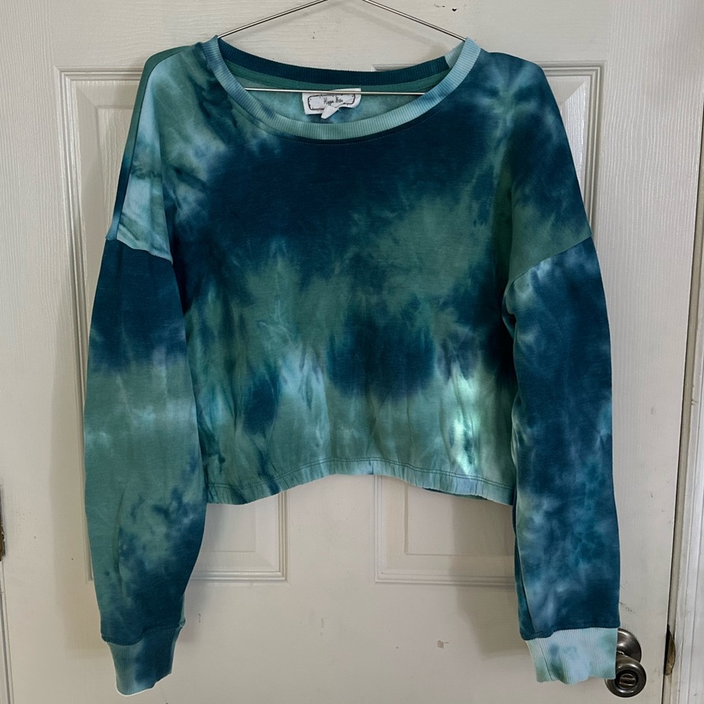 Hippie Rose Tie Dye Cropped Sweatshirt Women’s XL Blue Teal Elastic Hem